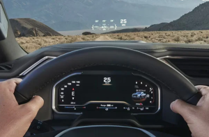 A photo taken of the perspective of a driver inside of a 2024 GMC Sierra HD near Carmel, IN