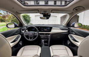 The interior of a 2025 Buick Encore GX photographed in front of a house's garage near Carmel, Indiana.
