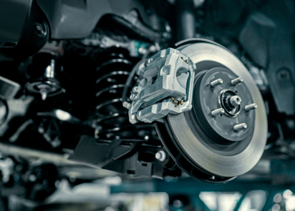 Brake pads being worked on at a service center near Carmel, Indiana