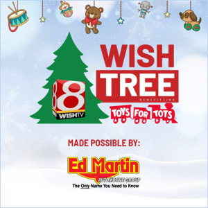 A festive graphic featuring a Christmas tree, toys, and the text "Wish Tree Benefitting Toys for Tots".