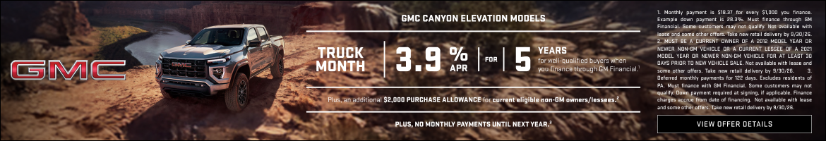 TRUCK MONTH

3.9% APR FOR 5 YEARS for well-qualified buyers when you finance through GM Financial...